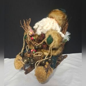 Vintage Rustic Festive Santa Claus Decor In Twig Sleigh with Bells